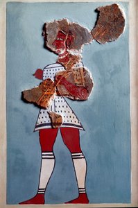 Arte micenea: guerriero. Frammento di affresco dal palazzo di Tirinto e ricostruzione da Mycenaean