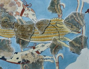 Affresco dal Palazzo di Tirinto (Grecia). Dettaglio: gruppo di cani che attaccano un cinghiale selvatico. Civiltà micenea
