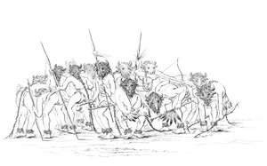 Cacciatori nativi americani che danzano indossando maschere di bufalo da Myers and Co