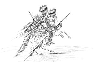Nativo americano maschio con armi e copricapo, a cavallo, 1841 da Myers and Co