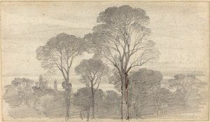 Paesaggio serale con alberi alti da Myles Birket Foster
