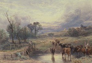 Paesaggio con bovini e ponte, XIX secolo da Myles Birket Foster