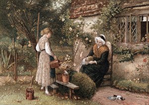 Gioventù ed età. Cromolitografia su dipinto di Myles Birkett Foster (1825-1899), artista inglese, pubblicata a Londra nel 1866. Nonna con berretto di pizzo seduta nel giardino di un cottage con due nipoti. La bambina usa l