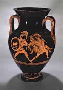 Anfora a figure rosse attica raffigurante il rapimento di Antiope con Teseo e Piritoo, c.500-490 a.C. da Myson