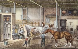 Modello di scuderia dove i ragazzi e i palafrenieri si prendono realmente cura dei cavalli, incisione dal libro "America" di Currier e Yves 1870 da N. and Ives J.M. (1824 95) Currier