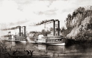 Battelli a vapore che gareggiano sul fiume Mississippi, USA da N. and Ives J.M. Currier