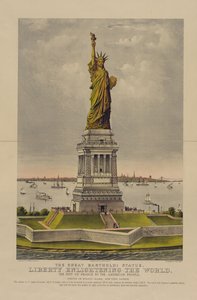 La grande statua di Bartholdi, La Libertà che illumina il mondo, il dono della Francia al popolo americano, c.1885 da Currier and Ives