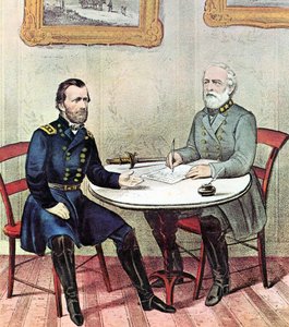 Guerra Civile Americana: Generali Grant (sinistra) e Lee che si incontrano la Domenica delle Palme 1865 per definire i termini della resa dell