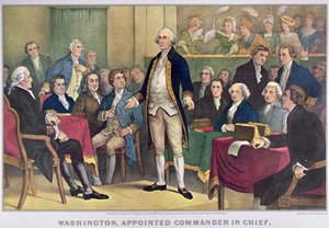 George Washington (1732-99) nominato Comandante in Capo, pubblicato nel 1876 da Currier and Ives