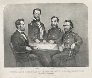 Il presidente Lincoln al quartier generale del generale Grant, c.1865 (litografia) da Currier and Ives