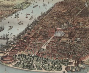 La Città di New York (dettaglio), 1883 da N. and Ives, J.M. Currier