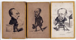 3 Ritratti-caricatura: Francois Pierre Guillaume Guizot (1787-1874), storico e politico francese, Charles Jean-Baptiste (Jean Baptiste) Jacquot detto Eugene de Mirecourt (1812-1880), giornalista e scrittore francese, e Pierre-Joseph Proudhon da Nadar