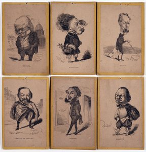 6 Ritratti caricaturali: Pierre Jean de Béranger (1780-1857) cantautore francese, Alexandre Dumas figlio (1824-1895), Louis Adrien Huart (1813-1865) giornalista, scrittore e direttore teatrale francese, Gérard de Nerval (1808-1855), scrittore francese, Cha da Nadar