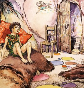 Peter Pan che parla con Campanellino, illustrazione da "Peter Pan" di J.M. Barrie (guazzo su carta) da Nadir Quinto