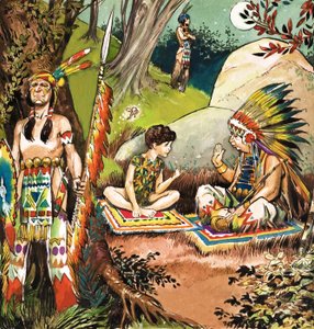 Peter Pan parla con il capo tribù, illustrazione da "Peter Pan" di J.M. Barrie (gouache su carta) da Nadir Quinto