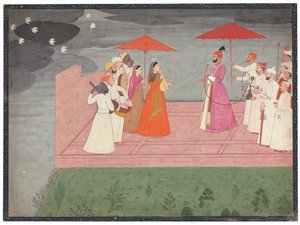 Musicisti che suonano un raga per Balwant Dev Singh durante la stagione delle piogge, c.1745-50 da Nainsukh