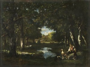 Uomo e cane che riposano in una radura della foresta da Narcisse Virgile Diaz de la Peña