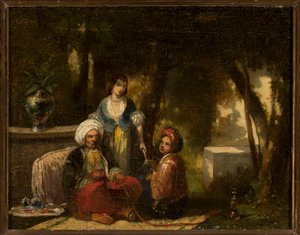 Uomo con narghilè davanti a un paesaggio boschivo da Narcisse Virgile Diaz de la Peña