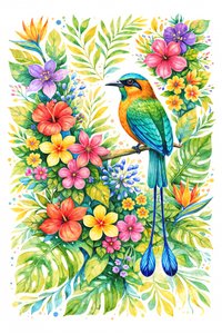 Motmot tra i fiori tropicali