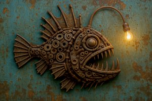 Lampada Steampunk a forma di rana pescatrice da Natalie Bruns