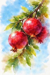 Dipinto dai colori vivaci raffigurante melograni