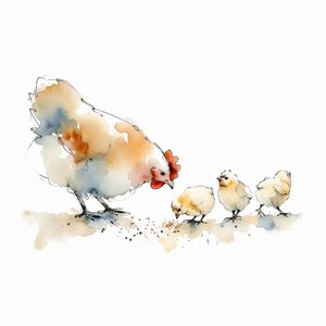 Gallina e pulcini ad acquerello