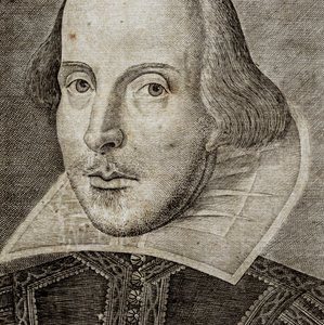 Dettaglio del ritratto di William Shakespeare sul frontespizio di Commedie, storie, & t... da Nathan Benn