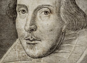 (dettaglio) Ritratto di William Shakespeare sul frontespizio di Commedie, storie, &c.