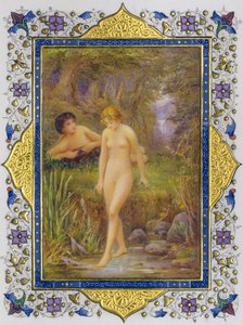 Pagina illuminata da un libro di sonetti di Shakespeare con donna nuda in fantasia pastorale