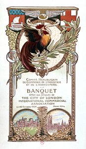 Gallo e monumenti, menu del banchetto del Comitato Repubblicano sul Commercio, Industria e Agricoltura offerto il 22.11.1906 ai delegati dell