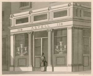 Vetrina per Astell, Wine and Spirit Warehouse, Grafton Street, Tottenham Court Road da Nathaniel Whittock