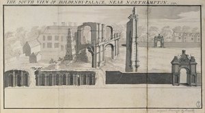 Vista sud di Holdenby House e rovine come viste nel 1729 da Nathaniel and Samuel Buck
