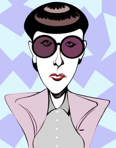 Edith Head, caricatura a colori con occhiali scuri da Neale Osborne