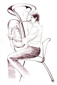 Suonatore di tuba - disegno a inchiostro di un musicista che si esibisce da Neale Osborne