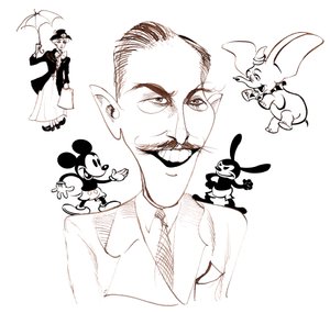 Walt Disney, produttore cinematografico americano, magnate degli affari, fumettista e animatore; caricaturato con Mary Poppins da Neale Osborne