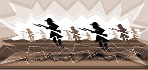 Soldati della Prima Guerra Mondiale con baionette - emergono dalle trincee