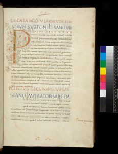 Ms 394.1. Plinio il Vecchio, Historia naturalis, f.1r. Iniziale illuminata [P] con decorazione a tralcio bianco (non finita), Napoli, metà del XV secolo, c.1442 (pergamena)