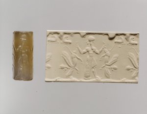 Sigillo cilindrico e impressione moderna: figura maschile che domina leoni alati con testa umana, c. VIII-VII secolo a.C.