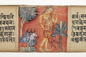 Sudhana che viaggia attraverso un paesaggio roccioso con due tori, dal Gandavyuha da Nepalese School