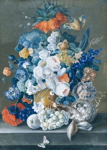 Composizione floreale con frutti, nido di uccelli e farfalle da Leopold Blonder