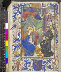 Add 17440 f.13v Vergine del Giglio con il patrono Willem van Bossunt, dal Messale di Gand