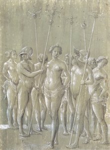 Cinque soldati nudi che tengono pali, due con elmo, e tre donne nude, 1522