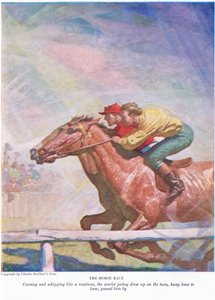 La corsa dei cavalli: Maledicendo e frustando come un pazzo, il fantino scarlatto si fermò alla curva, ginocchio a ginocchio, lo superò da Newell Convers Wyeth