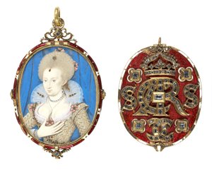 Ritratto in miniatura della regina Anna di Danimarca (1574-1619) con copertura gioiellata, c.1611 da Nicholas Hilliard