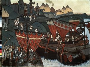 Gli slavi sul Dnepr: vareghi (o Rus) che percorrono il fiume. Opera di Nicholas Roerich