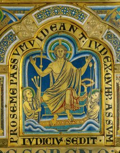 Cristo siede in giudizio, i santi portano gli strumenti della sua passione... (smalto su rame dorato) da Nicholas of Verdun