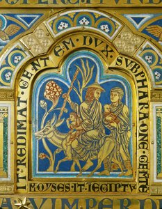 Mosè torna in Egitto con la moglie Zipporah e i due figli... (smalto su rame dorato) da Nicholas of Verdun