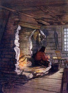 Norvegia: preparazione della cena, interno di un cottage a Saelbo (litografia a colori)