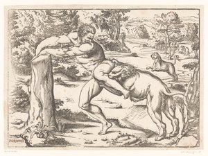 Milo di Crotone attaccato da un leone da Nicolò Boldrini (attributed to)