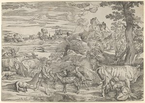 Paesaggio con una lattaia a destra e un ragazzo a sinistra, ca. 1535-40